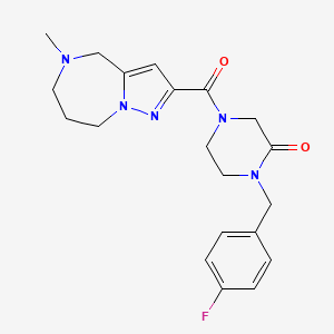 molecular formula C20H24FN5O2 B3787194 1-(4-fluorobenzyl)-4-[(5-methyl-5,6,7,8-tetrahydro-4H-pyrazolo[1,5-a][1,4]diazepin-2-yl)carbonyl]piperazin-2-one 