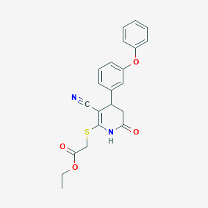 molecular formula C22H20N2O4S B378752 Ethyl 2-[3-cyano-6-oxo-4-(3-phenoxyphenyl)-2-1,4,5-trihydropyridylthio]acetate CAS No. 330557-77-2