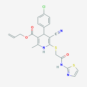 molecular formula C22H19ClN4O3S2 B378944 PROP-2-EN-1-YL 4-(4-CHLOROPHENYL)-5-CYANO-2-METHYL-6-({[(1,3-THIAZOL-2-YL)CARBAMOYL]METHYL}SULFANYL)-1,4-DIHYDROPYRIDINE-3-CARBOXYLATE CAS No. 442556-53-8