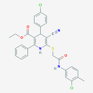 molecular formula C30H25Cl2N3O3S B379026 ethyl 6-{[2-(3-chloro-4-methylanilino)-2-oxoethyl]sulfanyl}-4-(4-chlorophenyl)-5-cyano-2-phenyl-1,4-dihydro-3-pyridinecarboxylate 