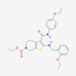 molecular formula C28H33N3O5S B379077 ETHYL 3-[(4-ETHOXYPHENYL)CARBAMOYL]-2-{[(2-ETHOXYPHENYL)METHYL]AMINO}-4H,5H,6H,7H-THIENO[2,3-C]PYRIDINE-6-CARBOXYLATE 