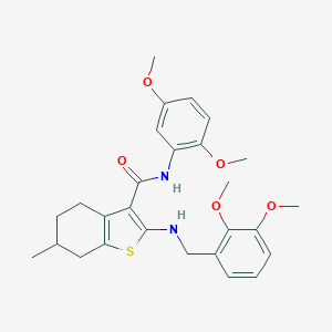 molecular formula C27H32N2O5S B379087 N-(2,5-DIMETHOXYPHENYL)-2-{[(2,3-DIMETHOXYPHENYL)METHYL]AMINO}-6-METHYL-4,5,6,7-TETRAHYDRO-1-BENZOTHIOPHENE-3-CARBOXAMIDE 