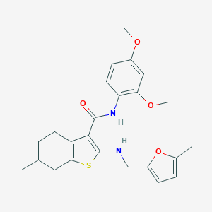 molecular formula C24H28N2O4S B379091 N-(2,4-DIMETHOXYPHENYL)-6-METHYL-2-{[(5-METHYLFURAN-2-YL)METHYL]AMINO}-4,5,6,7-TETRAHYDRO-1-BENZOTHIOPHENE-3-CARBOXAMIDE 