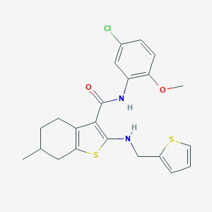 molecular formula C22H23ClN2O2S2 B379093 N-(5-CHLORO-2-METHOXYPHENYL)-6-METHYL-2-{[(THIOPHEN-2-YL)METHYL]AMINO}-4,5,6,7-TETRAHYDRO-1-BENZOTHIOPHENE-3-CARBOXAMIDE 