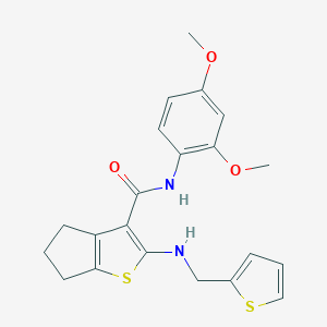 molecular formula C21H22N2O3S2 B379099 N-(2,4-DIMETHOXYPHENYL)-2-{[(THIOPHEN-2-YL)METHYL]AMINO}-4H,5H,6H-CYCLOPENTA[B]THIOPHENE-3-CARBOXAMIDE 