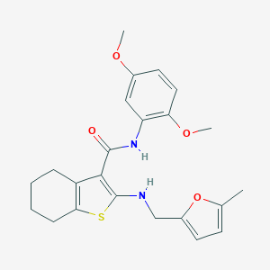 molecular formula C23H26N2O4S B379110 N-(2,5-DIMETHOXYPHENYL)-2-{[(5-METHYLFURAN-2-YL)METHYL]AMINO}-4,5,6,7-TETRAHYDRO-1-BENZOTHIOPHENE-3-CARBOXAMIDE 