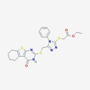 molecular formula C23H23N5O3S3 B379817 ethyl 2-((5-(((4-oxo-3,4,5,6,7,8-hexahydrobenzo[4,5]thieno[2,3-d]pyrimidin-2-yl)thio)methyl)-4-phenyl-4H-1,2,4-triazol-3-yl)thio)acetate CAS No. 324579-59-1