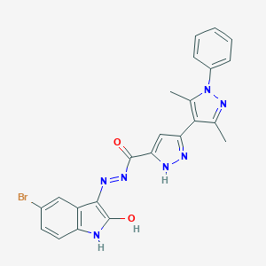 molecular formula C23H18BrN7O2 B379974 N'-[(3E)-5-bromo-2-oxo-2,3-dihydro-1H-indol-3-ylidene]-3',5'-dimethyl-1'-phenyl-1H,1'H-[3,4'-bipyrazole]-5-carbohydrazide CAS No. 499203-49-5