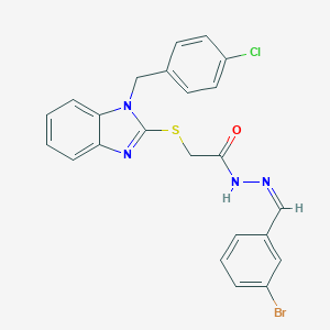 molecular formula C23H18BrClN4OS B380005 N'-[(Z)-(3-BROMOPHENYL)METHYLIDENE]-2-({1-[(4-CHLOROPHENYL)METHYL]-1H-1,3-BENZODIAZOL-2-YL}SULFANYL)ACETOHYDRAZIDE 