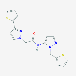 molecular formula C17H15N5OS2 B3800085 N-[2-(thiophen-2-ylmethyl)pyrazol-3-yl]-2-(3-thiophen-2-ylpyrazol-1-yl)acetamide 