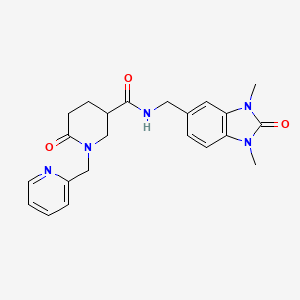 molecular formula C22H25N5O3 B3802493 N-[(1,3-dimethyl-2-oxo-2,3-dihydro-1H-benzimidazol-5-yl)methyl]-6-oxo-1-(2-pyridinylmethyl)-3-piperidinecarboxamide 