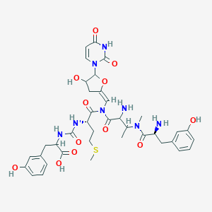 2-[[(2S)-1-[[2-amino-3-[[(2S)-2-amino-3-(3-hydroxyphenyl)propanoyl]-methylamino]butanoyl]-[(E)-[5-(2,4-dioxopyrimidin-1-yl)-4-hydroxyoxolan-2-ylidene]methyl]amino]-4-methylsulfanyl-1-oxobutan-2-yl]carbamoylamino]-3-(3-hydroxyphenyl)propanoic acid