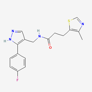 molecular formula C17H17FN4OS B3803409 N-[[5-(4-fluorophenyl)-1H-pyrazol-4-yl]methyl]-3-(4-methyl-1,3-thiazol-5-yl)propanamide 