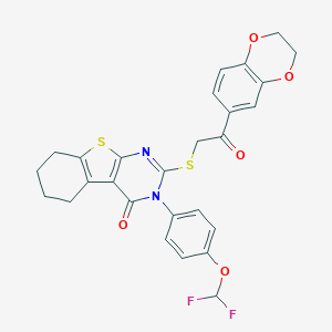 molecular formula C27H22F2N2O5S2 B380403 3-[4-(difluoromethoxy)phenyl]-2-{[2-(2,3-dihydro-1,4-benzodioxin-6-yl)-2-oxoethyl]sulfanyl}-5,6,7,8-tetrahydro[1]benzothieno[2,3-d]pyrimidin-4(3H)-one 