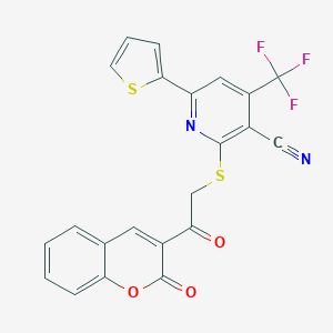 molecular formula C22H11F3N2O3S2 B380495 2-{[2-oxo-2-(2-oxo-2H-chromen-3-yl)ethyl]sulfanyl}-6-(2-thienyl)-4-(trifluoromethyl)nicotinonitrile 