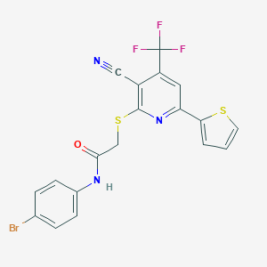 molecular formula C19H11BrF3N3OS2 B380498 N-(4-bromophenyl)-2-{[3-cyano-6-(thiophen-2-yl)-4-(trifluoromethyl)pyridin-2-yl]sulfanyl}acetamide 