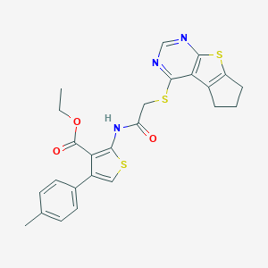 molecular formula C25H23N3O3S3 B380672 ethyl 4-(4-methylphenyl)-2-(2-{7-thia-9,11-diazatricyclo[6.4.0.0^{2,6}]dodeca-1(8),2(6),9,11-tetraen-12-ylsulfanyl}acetamido)thiophene-3-carboxylate CAS No. 314261-03-5