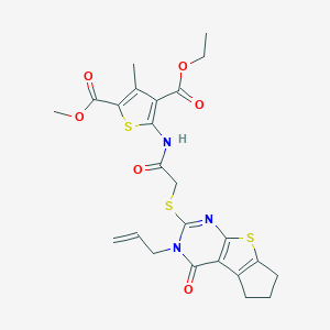 molecular formula C24H25N3O6S3 B380683 4-ethyl 2-methyl 5-({[(3-allyl-4-oxo-3,5,6,7-tetrahydro-4H-cyclopenta[4,5]thieno[2,3-d]pyrimidin-2-yl)sulfanyl]acetyl}amino)-3-methyl-2,4-thiophenedicarboxylate CAS No. 314261-32-0