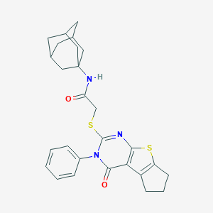 molecular formula C27H29N3O2S2 B380687 N-(adamantan-1-yl)-2-({12-oxo-11-phenyl-7-thia-9,11-diazatricyclo[6.4.0.0^{2,6}]dodeca-1(8),2(6),9-trien-10-yl}sulfanyl)acetamide CAS No. 314261-41-1