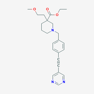 molecular formula C24H29N3O3 B3807077 Ethyl 3-(2-methoxyethyl)-1-[[4-(2-pyrimidin-5-ylethynyl)phenyl]methyl]piperidine-3-carboxylate 