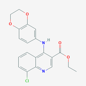 molecular formula C20H17ClN2O4 B380768 ETHYL 8-CHLORO-4-[(2,3-DIHYDRO-1,4-BENZODIOXIN-6-YL)AMINO]QUINOLINE-3-CARBOXYLATE 