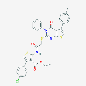 molecular formula C34H26ClN3O4S3 B380868 Ethyl 4-(4-chlorophenyl)-2-[({[5-(4-methylphenyl)-4-oxo-3-phenyl-3,4-dihydrothieno[2,3-d]pyrimidin-2-yl]sulfanyl}acetyl)amino]-3-thiophenecarboxylate 
