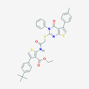 molecular formula C38H35N3O4S3 B380880 Ethyl 4-(4-tert-butylphenyl)-2-[({[5-(4-methylphenyl)-4-oxo-3-phenyl-3,4-dihydrothieno[2,3-d]pyrimidin-2-yl]sulfanyl}acetyl)amino]-3-thiophenecarboxylate 