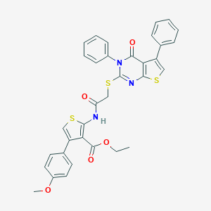 molecular formula C34H27N3O5S3 B380885 Ethyl 4-(4-methoxyphenyl)-2-({[(4-oxo-3,5-diphenyl-3,4-dihydrothieno[2,3-d]pyrimidin-2-yl)sulfanyl]acetyl}amino)-3-thiophenecarboxylate 