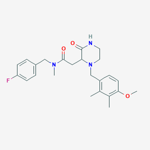 molecular formula C24H30FN3O3 B3809115 N-[(4-fluorophenyl)methyl]-2-[1-[(4-methoxy-2,3-dimethylphenyl)methyl]-3-oxopiperazin-2-yl]-N-methylacetamide 