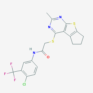 molecular formula C19H15ClF3N3OS2 B380943 N-[4-chloro-3-(trifluoromethyl)phenyl]-2-({10-methyl-7-thia-9,11-diazatricyclo[6.4.0.0^{2,6}]dodeca-1(8),2(6),9,11-tetraen-12-yl}sulfanyl)acetamide CAS No. 315677-25-9
