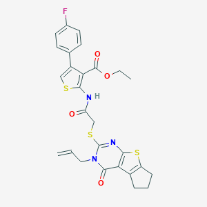 molecular formula C27H24FN3O4S3 B380956 ethyl 2-({[(3-allyl-4-oxo-3,5,6,7-tetrahydro-4H-cyclopenta[4,5]thieno[2,3-d]pyrimidin-2-yl)sulfanyl]acetyl}amino)-4-(4-fluorophenyl)-3-thiophenecarboxylate 