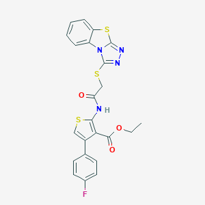 molecular formula C23H17FN4O3S3 B380959 Ethyl 4-(4-fluorophenyl)-2-[[2-([1,2,4]triazolo[3,4-b][1,3]benzothiazol-1-ylsulfanyl)acetyl]amino]thiophene-3-carboxylate CAS No. 315678-54-7