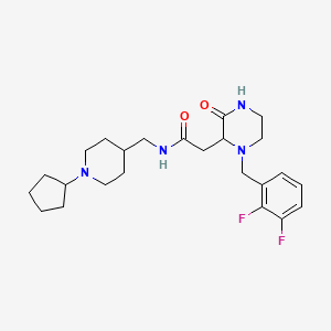 molecular formula C24H34F2N4O2 B3809591 N-[(1-cyclopentylpiperidin-4-yl)methyl]-2-[1-[(2,3-difluorophenyl)methyl]-3-oxopiperazin-2-yl]acetamide 
