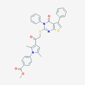molecular formula C34H27N3O4S2 B380967 methyl 4-(2,5-dimethyl-3-{[(4-oxo-3,5-diphenyl-3,4-dihydrothieno[2,3-d]pyrimidin-2-yl)sulfanyl]acetyl}-1H-pyrrol-1-yl)benzoate 