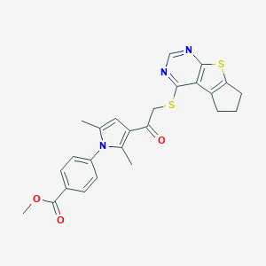 molecular formula C25H23N3O3S2 B380968 methyl 4-{3-[(6,7-dihydro-5H-cyclopenta[4,5]thieno[2,3-d]pyrimidin-4-ylsulfanyl)acetyl]-2,5-dimethyl-1H-pyrrol-1-yl}benzoate 
