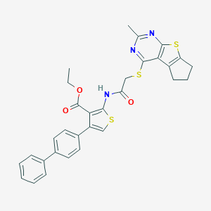 molecular formula C31H27N3O3S3 B380988 ethyl 4-[1,1'-biphenyl]-4-yl-2-({[(2-methyl-6,7-dihydro-5H-cyclopenta[4,5]thieno[2,3-d]pyrimidin-4-yl)sulfanyl]acetyl}amino)-3-thiophenecarboxylate 