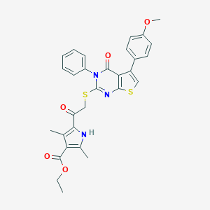 molecular formula C30H27N3O5S2 B380995 ethyl 5-({[5-(4-methoxyphenyl)-4-oxo-3-phenyl-3,4-dihydrothieno[2,3-d]pyrimidin-2-yl]sulfanyl}acetyl)-2,4-dimethyl-1H-pyrrole-3-carboxylate 