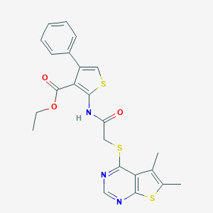 molecular formula C23H21N3O3S3 B381032 Ethyl 2-({[(5,6-dimethylthieno[2,3-d]pyrimidin-4-yl)sulfanyl]acetyl}amino)-4-phenyl-3-thiophenecarboxylate 