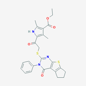 molecular formula C26H25N3O4S2 B381035 ethyl 2,4-dimethyl-5-[2-({12-oxo-11-phenyl-7-thia-9,11-diazatricyclo[6.4.0.0^{2,6}]dodeca-1(8),2(6),9-trien-10-yl}sulfanyl)acetyl]-1H-pyrrole-3-carboxylate CAS No. 315691-96-4
