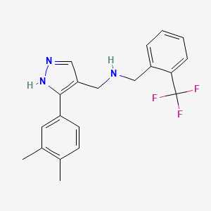 molecular formula C20H20F3N3 B3810509 N-[[5-(3,4-dimethylphenyl)-1H-pyrazol-4-yl]methyl]-1-[2-(trifluoromethyl)phenyl]methanamine 
