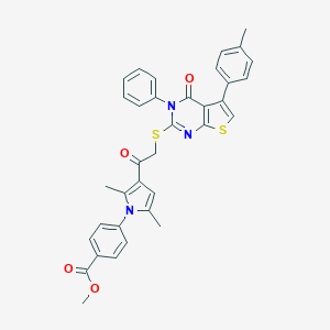 molecular formula C35H29N3O4S2 B381053 methyl 4-[2,5-dimethyl-3-({[5-(4-methylphenyl)-4-oxo-3-phenyl-3,4-dihydrothieno[2,3-d]pyrimidin-2-yl]sulfanyl}acetyl)-1H-pyrrol-1-yl]benzoate 