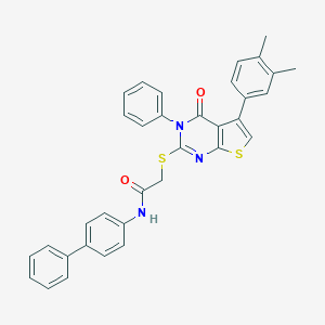 molecular formula C34H27N3O2S2 B381055 N-[1,1'-biphenyl]-4-yl-2-{[5-(3,4-dimethylphenyl)-4-oxo-3-phenyl-3,4-dihydrothieno[2,3-d]pyrimidin-2-yl]thio}acetamide 