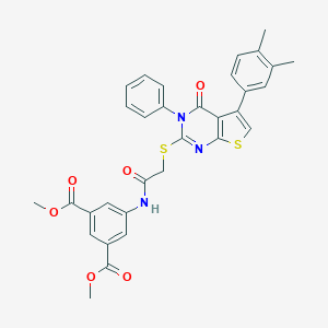 molecular formula C32H27N3O6S2 B381070 Dimethyl 5-[({[5-(3,4-dimethylphenyl)-4-oxo-3-phenyl-3,4-dihydrothieno[2,3-d]pyrimidin-2-yl]sulfanyl}acetyl)amino]isophthalate 