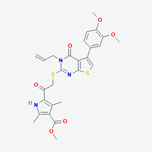 molecular formula C27H27N3O6S2 B381130 METHYL 5-(2-{[5-(3,4-DIMETHOXYPHENYL)-4-OXO-3-(PROP-2-EN-1-YL)-3H,4H-THIENO[2,3-D]PYRIMIDIN-2-YL]SULFANYL}ACETYL)-2,4-DIMETHYL-1H-PYRROLE-3-CARBOXYLATE 