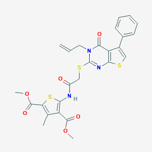 molecular formula C26H23N3O6S3 B381287 dimethyl 5-({[(3-allyl-4-oxo-5-phenyl-3,4-dihydrothieno[2,3-d]pyrimidin-2-yl)thio]acetyl}amino)-3-methyl-2,4-thiophenedicarboxylate 