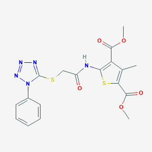 molecular formula C18H17N5O5S2 B381293 dimethyl 3-methyl-5-({[(1-phenyl-1H-tetraazol-5-yl)thio]acetyl}amino)-2,4-thiophenedicarboxylate 