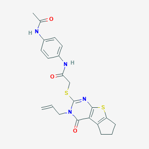 molecular formula C22H22N4O3S2 B381302 N-[4-(acetylamino)phenyl]-2-[(3-allyl-4-oxo-3,5,6,7-tetrahydro-4H-cyclopenta[4,5]thieno[2,3-d]pyrimidin-2-yl)sulfanyl]acetamide 