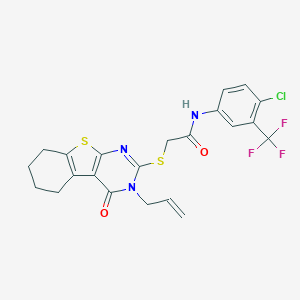 molecular formula C22H19ClF3N3O2S2 B381307 N-[4-chloro-3-(trifluoromethyl)phenyl]-2-[(4-oxo-3-prop-2-enyl-5,6,7,8-tetrahydro-[1]benzothiolo[2,3-d]pyrimidin-2-yl)sulfanyl]acetamide CAS No. 315710-73-7