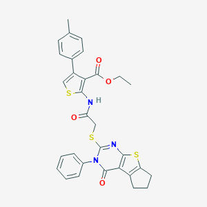 molecular formula C31H27N3O4S3 B381322 ethyl 4-(4-methylphenyl)-2-({[(4-oxo-3-phenyl-3,5,6,7-tetrahydro-4H-cyclopenta[4,5]thieno[2,3-d]pyrimidin-2-yl)sulfanyl]acetyl}amino)-3-thiophenecarboxylate 