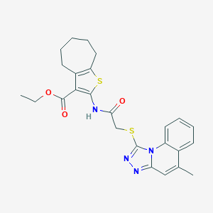 molecular formula C25H26N4O3S2 B381353 ethyl 2-[[2-[(5-methyl-[1,2,4]triazolo[4,3-a]quinolin-1-yl)sulfanyl]acetyl]amino]-5,6,7,8-tetrahydro-4H-cyclohepta[b]thiophene-3-carboxylate CAS No. 315708-08-8